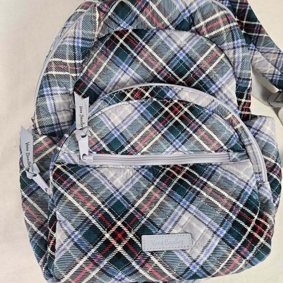 Vera Bradley Essential Compact Quilted Plaid Campus Backpack Snowy Grey Blue - Picture 2 of 9